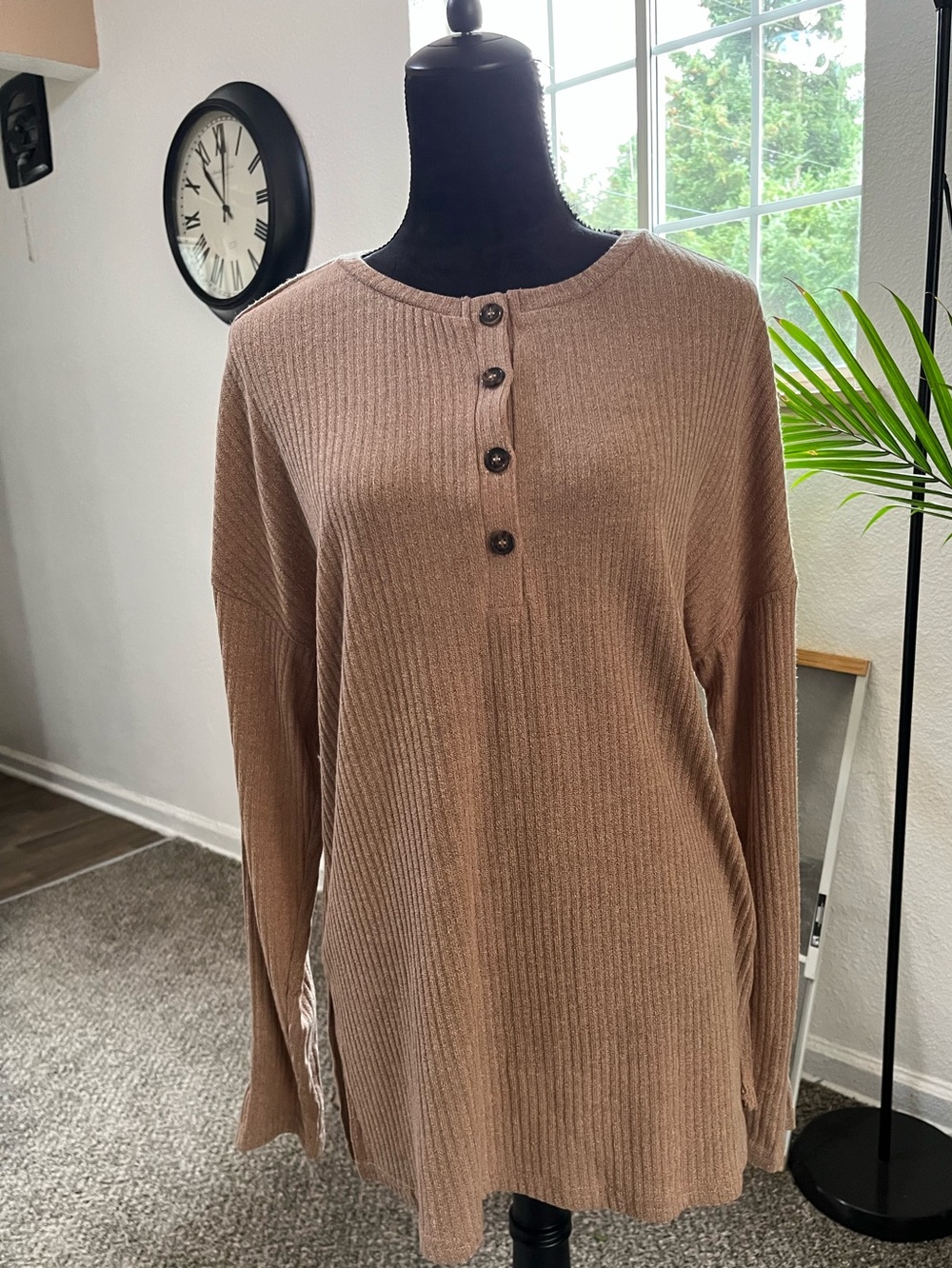 Womens Ribbed Henley Tunic Top - Taupe